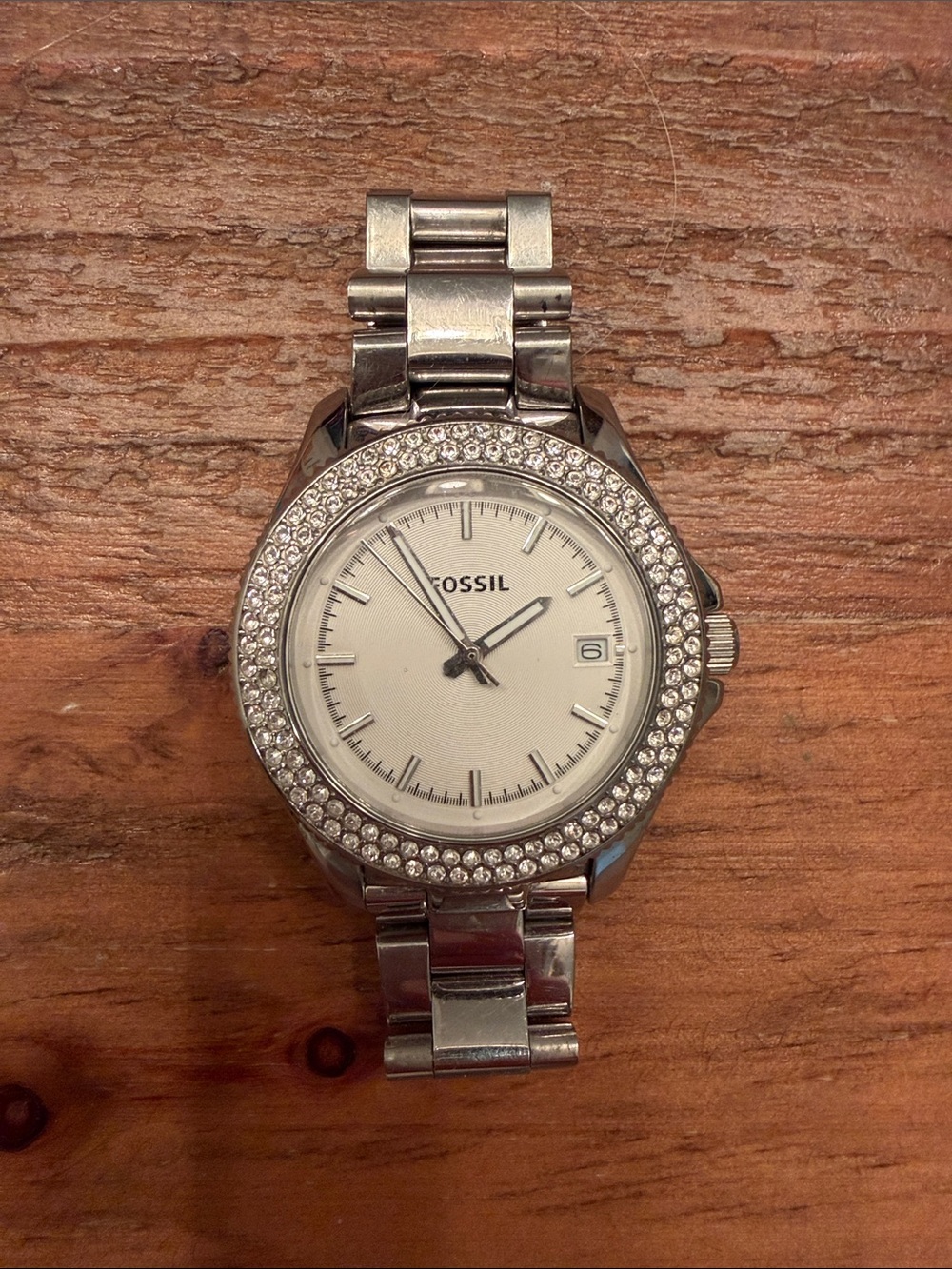 Fossil Silver Crystal-Bezel Women's Watch with White Dial